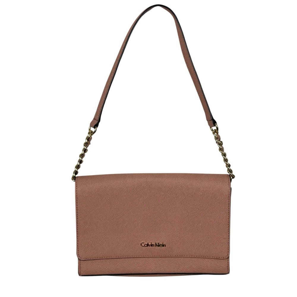 Calvin Klein Blush Pink Shoulder Bag Saffiano Faux Leather Gold Logo Flap
